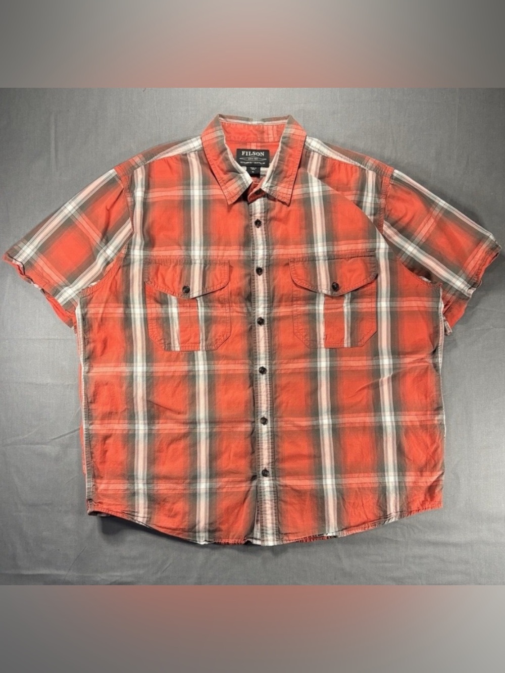 Filson Short Sleeve Plaid Button Shirt Orange Gray Men’s